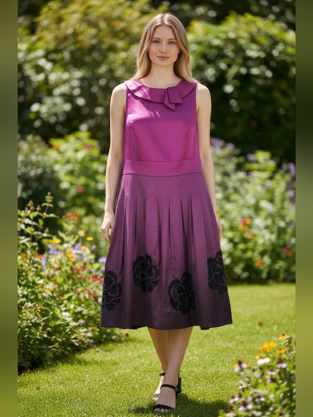 Kay Unger Silk Ombre Cocktail Dress Size 12 Purple Pink Fit & Flare Floral Hem - Picture 2 of 12